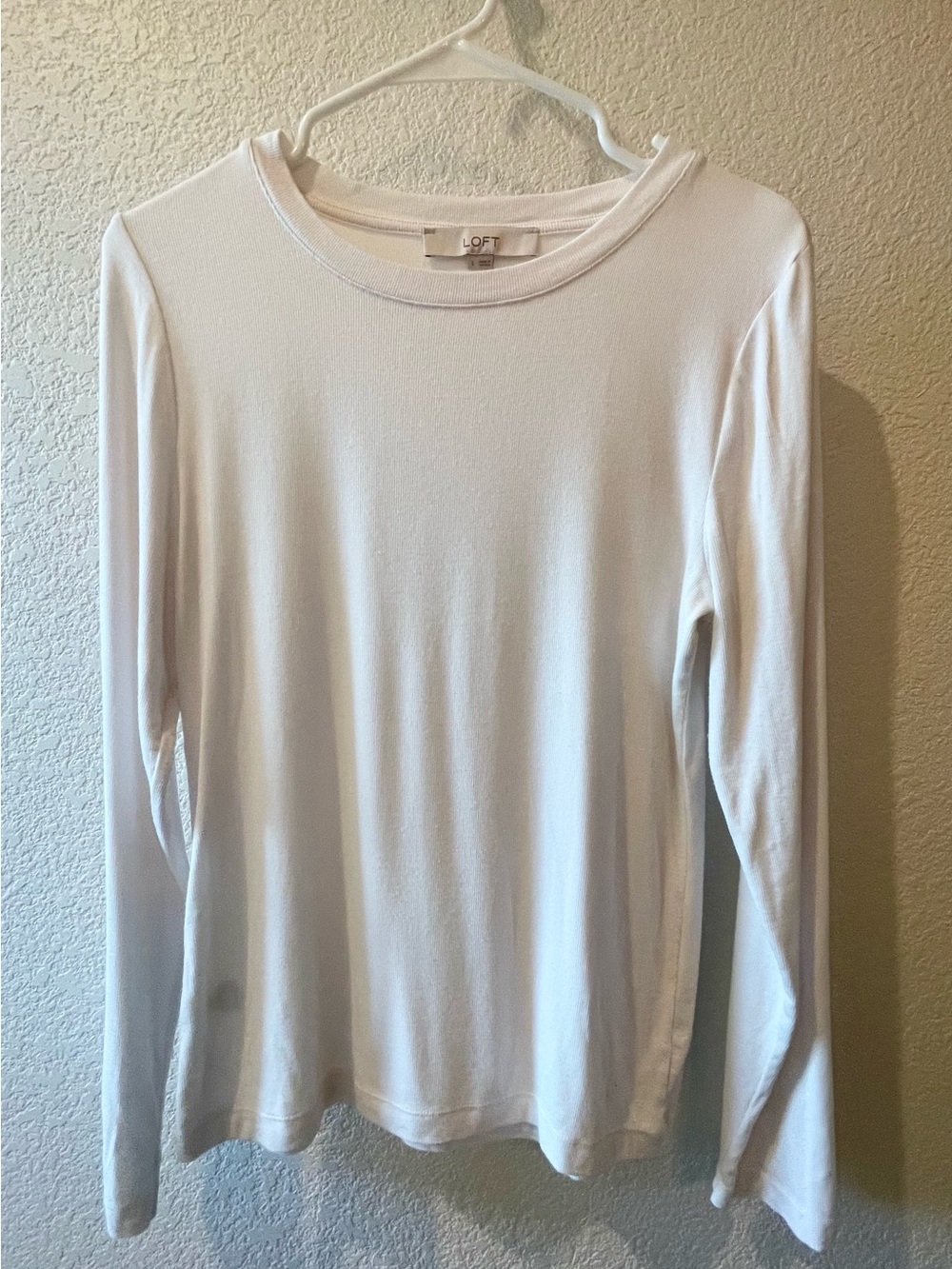 LOFT White Long-Sleeve Crewneck Ribbed Tee, Size L